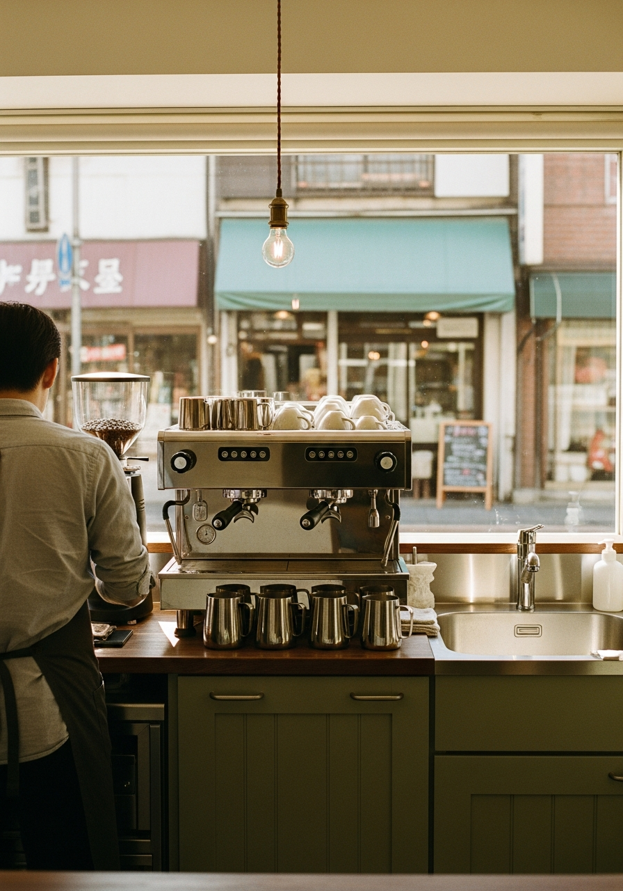 ひなたコーヒーの店内カウンターと窓辺の光